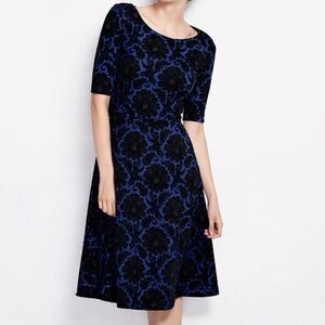 Lands End Blue Black Velvet Flocked Floral Fit Flare Ponte Knit Medium